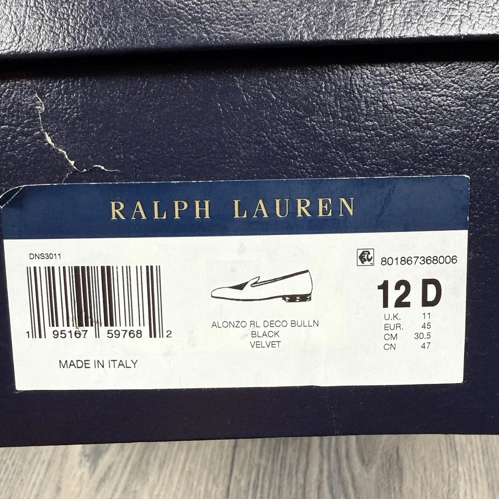 NEW Ralph Lauren Purple Label Alonzo Black Velvet RL Deco Bullion Slippers 12 D